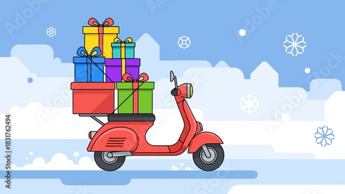 Festive holiday gifts delivered with a red scooter on a snowy day, perfect for spreading joy and cheer this season