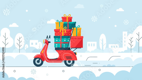 Holiday gifts arrive on a scooter through a winter wonderland ready for seasonal promotions and festive marketing campaigns this year