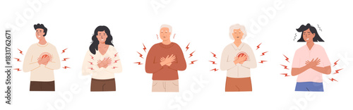 Set of people experiencing chest pain and heart discomfort with a pained expression. Symptoms of heart attack, angina, respiratory issues. Flat Style Vector Illustration isolated on white background.