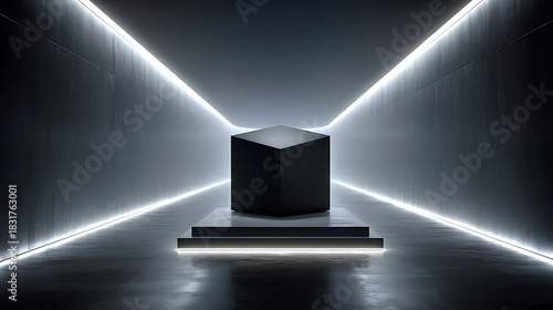 Fototapeta Naklejka Na Ścianę i Meble -  Futuristic black cube on podium in glowing white light tunnel 3d render