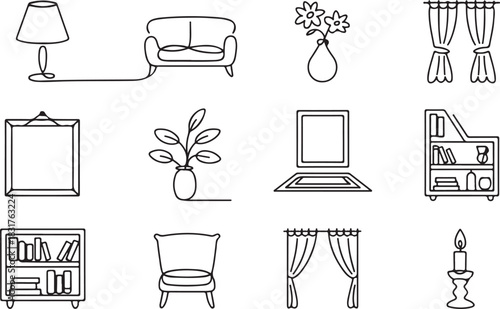 Home Furniture and Decor Outline Icon Set