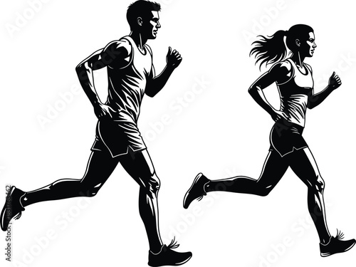 Black silhouette vector illustration of running man and woman in athletic wear, side view figures, sports fitness activity graphic set, isolated on white.