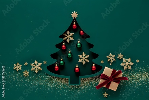 Festive christmas tree with ornaments and gift box