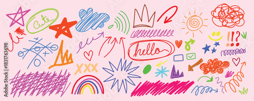 Pink Pastel Doodle World, Bright Kids Sketch Garden, Happy Rainbow Artboard