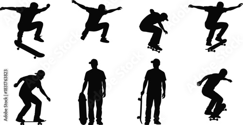 Black silhouette vector set of skateboarders doing various jump tricks and standing, extreme sport action figure collection, isolated on white background.