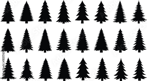 Black silhouette vector set of various pine and fir Christmas trees, holiday and forest nature graphic collection, isolated on white background, design elements.