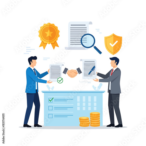 Two businessmen shaking hands to finalize a contract agreement with legal and financial symbols.