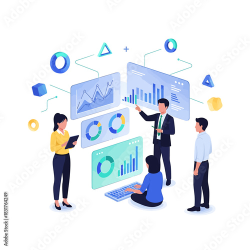 Team analyzing data on multiple screens in a business setting.