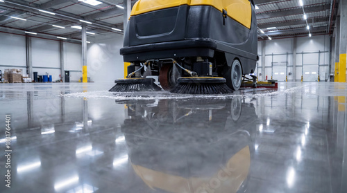 Low angle view of industrial floor scrubber washing shiny floor in large warehouse