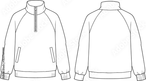 Quarter-zip pullover jacket technical fashion flat sketch vector illustration template, front and back view, apparel clothing design cad drawing.