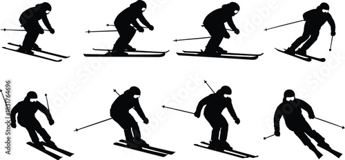 Set of Eight Skier Silhouettes Vector Illustration Downhill Skiing Sport Poses Collection Extreme Winter Recreation Activity Graphics Alpine Snow Slopes Athletes