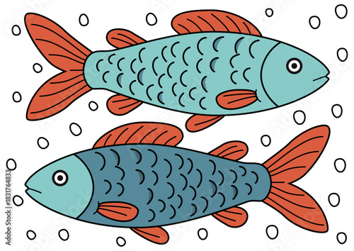 Two sardines fish swimming in water with bubbles. Underwater animal life illustration. Simple aquatic fauna drawing for children book.