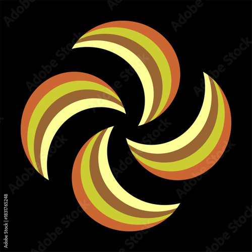 Four crescent arcs in warm autumn tones rotate around a dark core, forming a dynamic, harmonious symbol of seasonal motion.