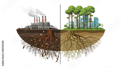 Sustainable urban development with thriving greenery versus industrial pollution in a divided city landscape for environmental awareness