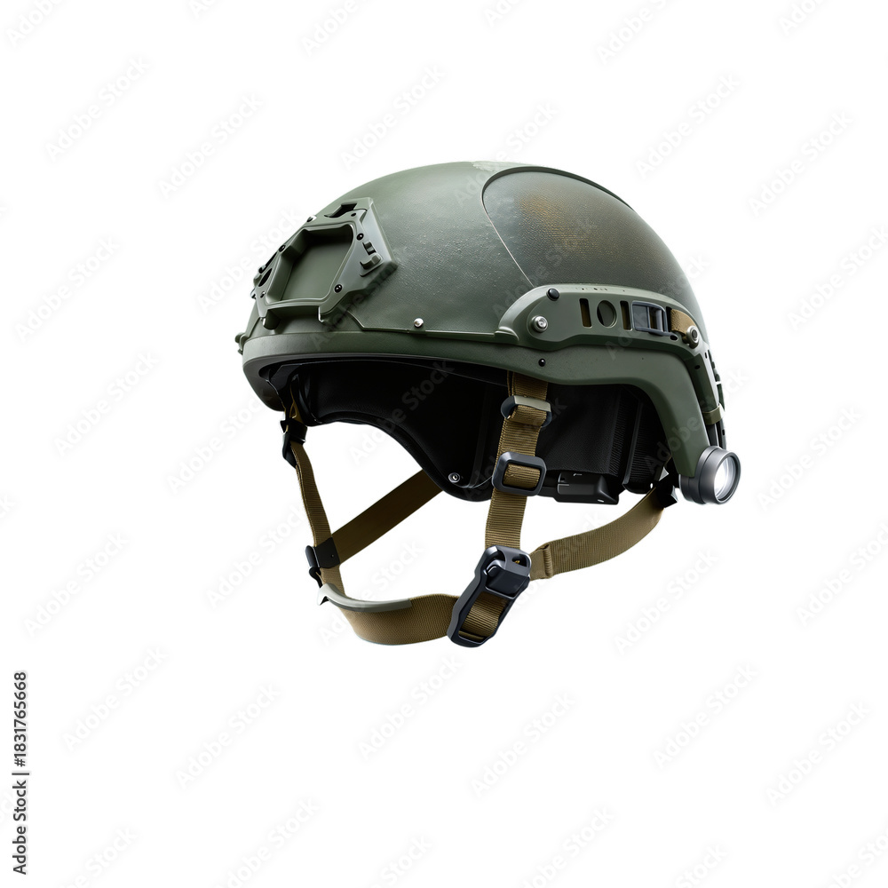 Fototapeta premium Green Tactical Military Helmet with Mounted Accessories