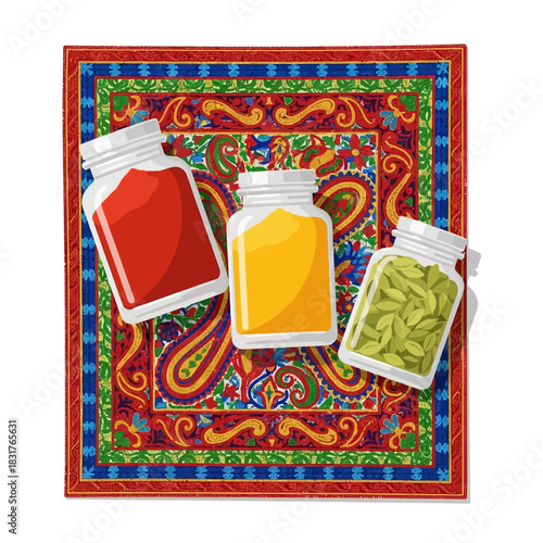 Artistic Spice Jars on Elaborate Patterned Backdrop, Culinary Still Life