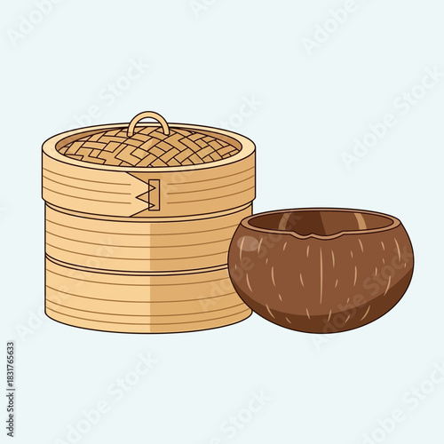 Cartoon illustration of traditional bamboo steamer and coconut shell bowl