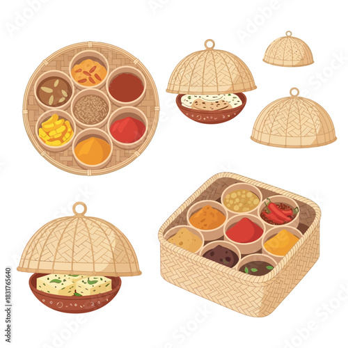 Assortment of Authentic Indian Spices and Dishes with Traditional Covers