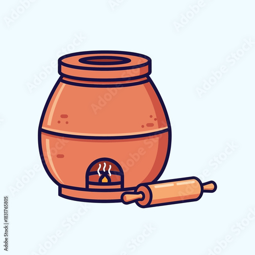 Illustration of a Traditional Tandoor Oven with Rolling Pin for Cooking