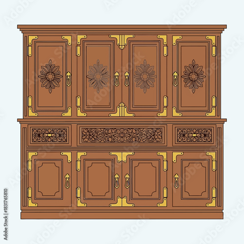 Illustration of a Brown Wooden Cabinet with Floral Carvings and Golden Hinges