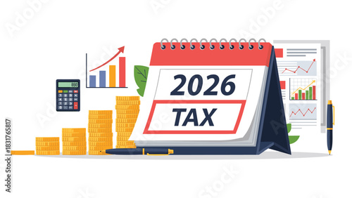 Plan for 2026 taxes now with calculator, rising profits shown in bar graph and calendar reminder for financial investment success