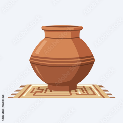 Illustration showcasing a traditional pot on a rug against plain background