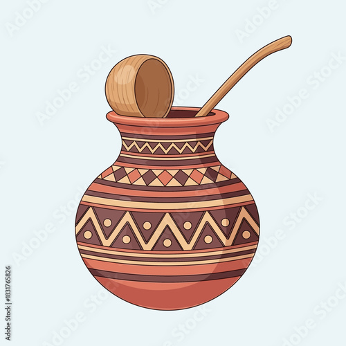 Illustrative Ceramic Vase with Traditional Geometric Pattern and Wooden Ladle
