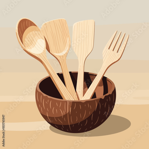 Illustrative display of wooden utensils in a coconut bowl against neutral backdrop