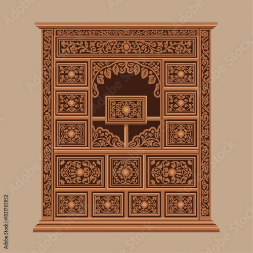 Intricate Woodcarving Panel with Floral and Geometric Design Elements