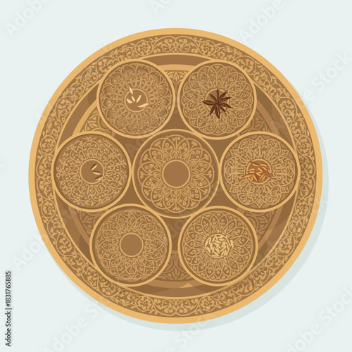 Ornate circular design with intricate patterns and symbolic spices depiction