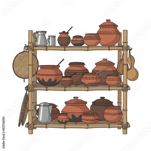 Rustic Kitchenware Display on a Bamboo Shelf with Utensils and Serving Dishes