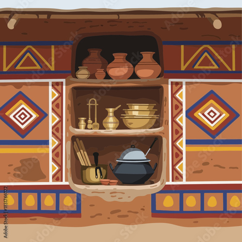 Rustic Kitchenware Displayed in a Traditional Adobe Wall Niche Illustration