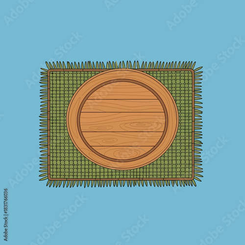 Rustic wooden serving tray with woven mat, ideal for picnic or outdoor events