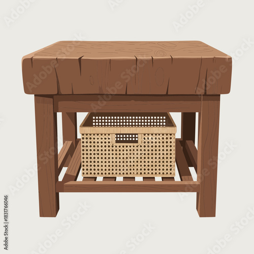 Rustic wooden butcher block table with a wicker storage basket underneath