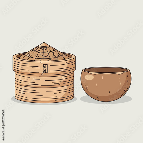 Stylized Bamboo Steamer and Coconut Bowl Illustration on Neutral Backdrop