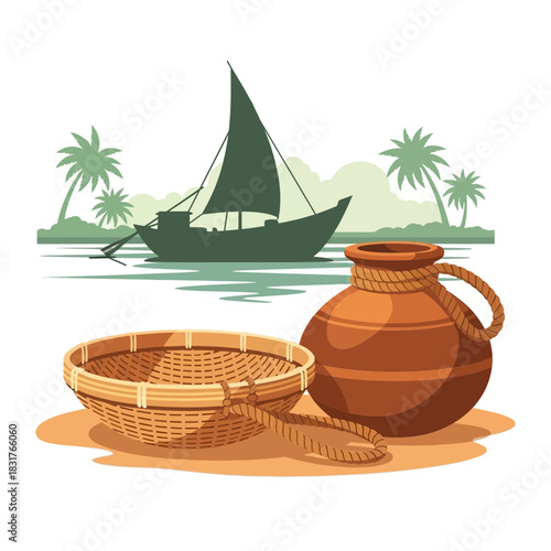 Serene Tropical Seascape with Traditional Boat, Basket and Pottery Art