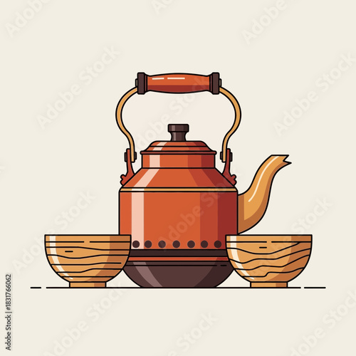 Stylized illustration of a teapot with wooden bowls for tea ceremony