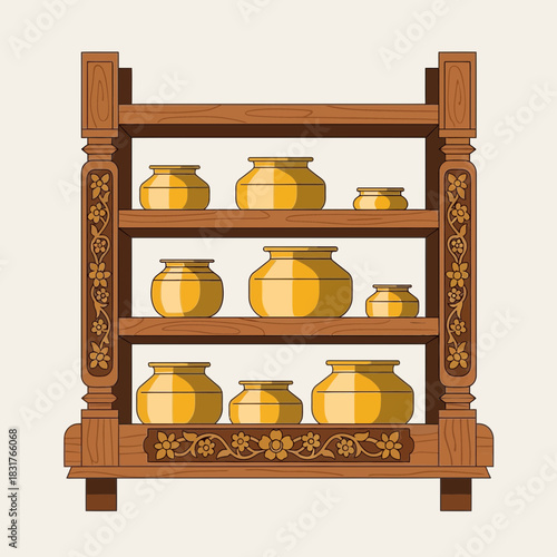 Stylized wooden shelf with decorative carvings and golden pots for storage
