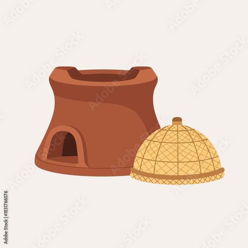 Traditional Filipino cooking pot and a salakot in vector illustration style