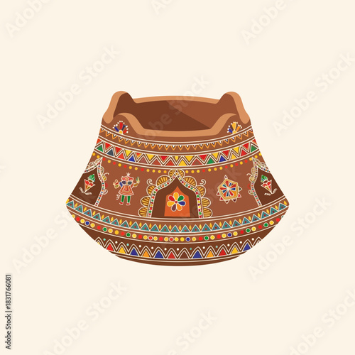Stylized pot with intricate ethnic patterns and warm earth tone colors