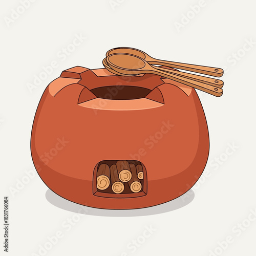 Traditional charcoal stove with wooden spoons resting on top ready to cook