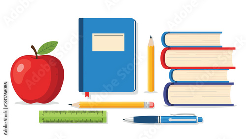 Vibrant school supplies for creative projects and educational designs include apple, books, pencil, ruler, and pen for back to school season