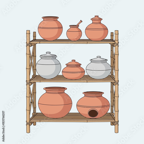 Shelved Collection: Earthenware and Pottery Vessels on Bamboo Rack Display