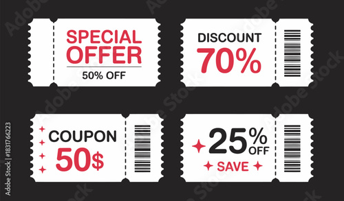 Set of discount coupon ticket illustrations featuring various promotion designs, perfect for shopping discounts, retail marketing, special offers, sales events, creative advertising, and promotional g