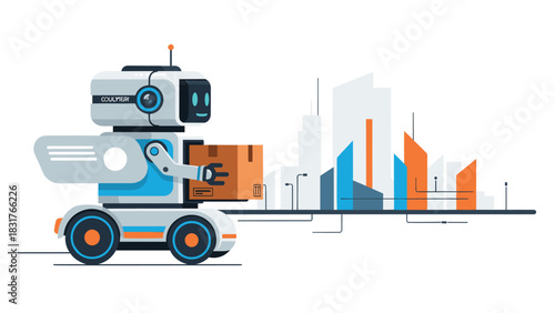 Futuristic delivery robot carrying package in modern city, symbolizing innovation and efficiency for logistics and technology solutions