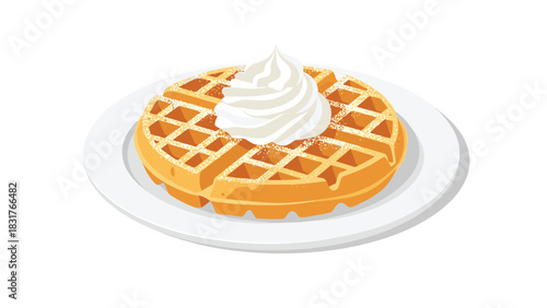 Golden waffle topped with fluffy whipped cream and powdered sugar, ready for a sweet breakfast or brunch indulgence today