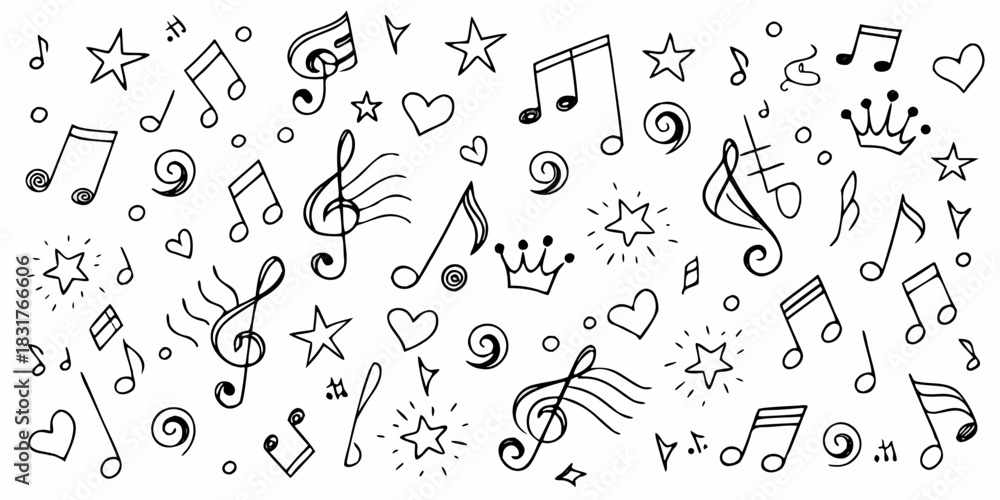 Fototapeta premium Hand drawn music notes hearts stars and crowns on white background