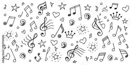 Hand drawn music notes hearts stars and crowns on white background