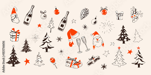 Hand drawn christmas and new year doodle elements on beige background