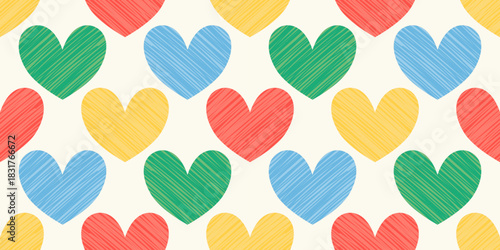Colorful hand-drawn rainbow heart pattern on light background